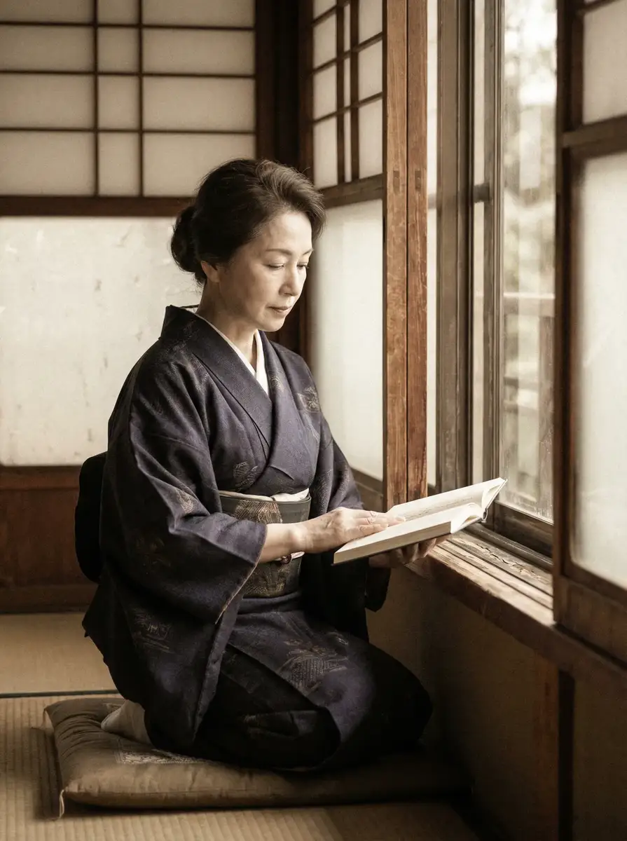 一位优雅的五十岁 七天眼镜妹 身穿深蓝色和服，在窗边静读
