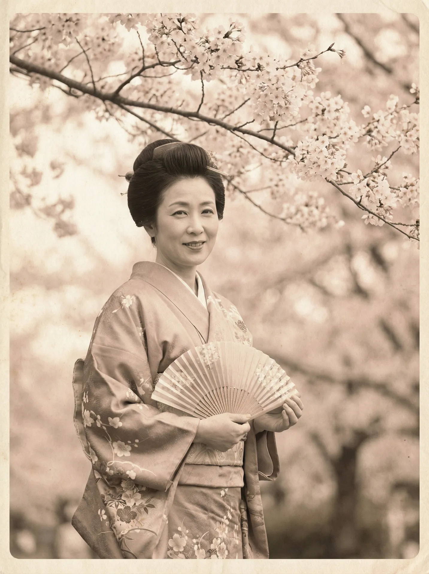 一位持扇的优雅 七天眼镜妹 在樱花树下的复古写真